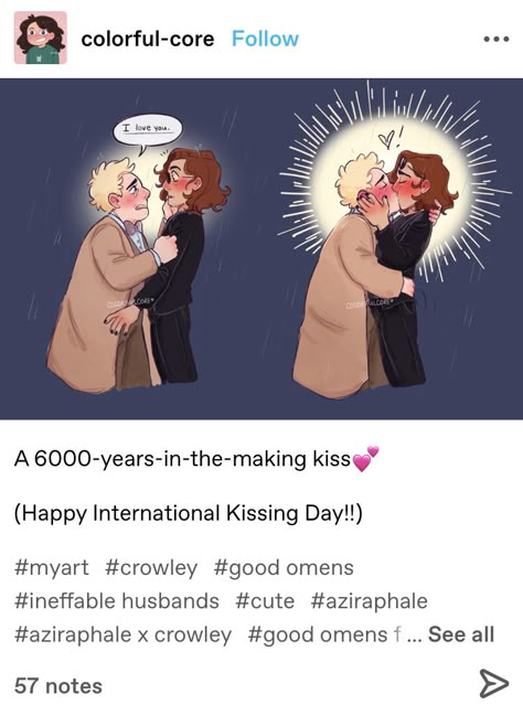 Ineffable Husbands Kiss, Ineffable Husbands Fanart Kiss, Aziraphale Cute, Aziracrow Kiss, Crowley X Aziraphale Comic, Crowley X Aziraphale, Good Omens Book, Cute Reptiles, Ineffable Husbands