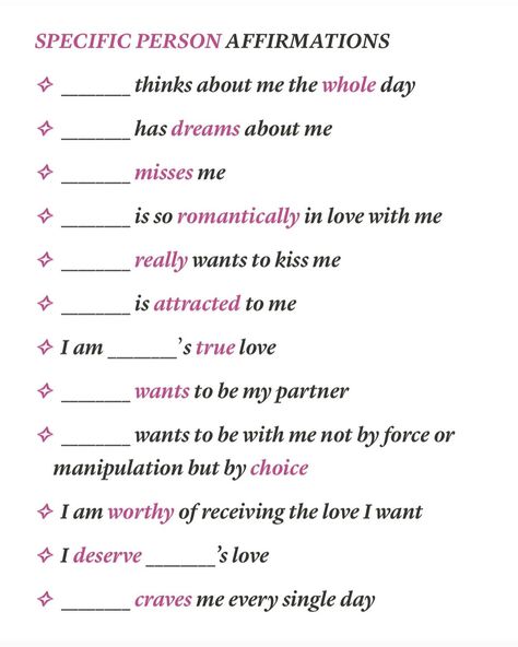 Specific person affirmations! ♡ Follow @rorasubs for daily subliminals, manifestation, and affirmations ♡ #affirmations #manifestation #subliminals #rorasubs #affirming #manifesting #subs #iattract #idontchaseiattract #love #loveaffirmations #specificperson #specificpersonaffirmations #specificpersonmanifestation #specificpersonlovesme Manifestion For Love, Law Of Attraction Specific Person, Manifest Him Affirmations, Manifest Your Specific Person, Manifesting A Specific Person Love, Love Affirmations For Specific Person, Romance Manifestation Affirmations, Manifestation A Person, Manifest Sp Affirmation