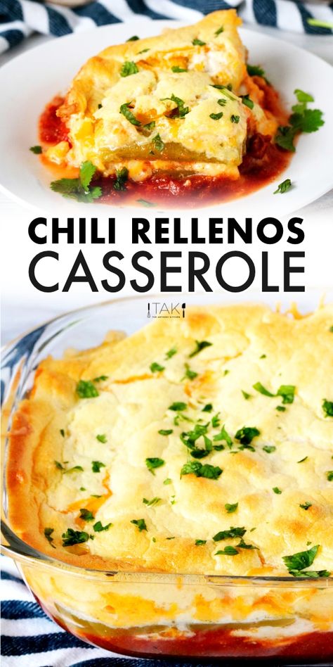 Chili Relleno Casserole is a simple, low-carb, and healthy twist on a Mexican classic! It starts with a quick and easy Mexican red sauce, comes packed in the middle with chili pepper, cheesy goodness, and ends with a fluffy, golden cloud of baked eggs! Serve this quick-fix Mexican recipe for breakfast, lunch, or dinner! Chilie Rellano Casserole, Chile Relleno Casserole Easy, Low Carb Chili Relleno Casserole, Baked Chili Rellanos Recipe, Chili Rellanos Recipe, Chilie Rellenos Casserole, Sauce For Chili Rellenos, Baked Chili Relleno Recipe, Chilli Relleno Casserole