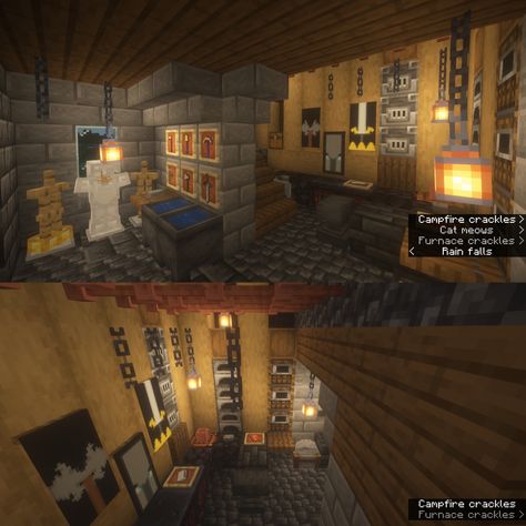 Blacksmith Area Minecraft, Minecraft Forge Room Ideas, Smelting Room Minecraft Ideas, Minecraft Brewing Area Ideas, Minecraft Armourer's Workshop, Smithing Table Minecraft, Anvil Room Minecraft, Minecraft Weaponsmith Interior, Minecraft Workshop Design