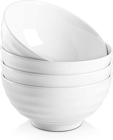 Amazon.com | DOWAN 26 Ounces Porcelain Soup Bowls, Cereal Bowls with Non Slip Ripples, 4 Packs, Stackable Round, Dishwasher & Microwave Safe, Easy to Clean Ceramic, White: Soup Bowls White Soup, Soup Bowl Set, Salad Bowls Set, Ramen Bowl, White Bowls, Cereal Bowl, Soup Bowls, Porcelain Bowl, Rice Bowls