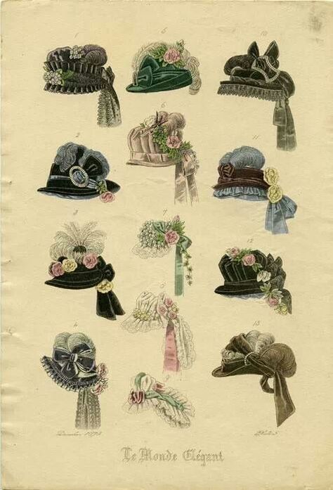 Classic Hat Print…. 1901 Spots Light, Historical Hats, 1870s Fashion, Victorian Era Fashion, Ladies Hats, Victorian Hats, 1800s Fashion, Victorian Costume, 19th Century Fashion