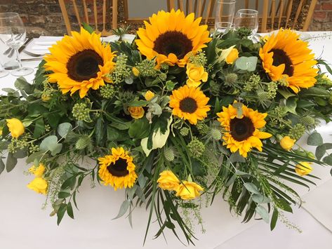 Wedding Decoration Sunflower, Sunflower Sweetheart Table, Sunflower And Greenery Centerpiece, Eucalyptus Sunflower Wedding Table Decor, Sunflower Table Arrangements, Sunflower And White Floral Table Centerpieces, Sunflower Reception, Sunflower Table Centerpieces, Sunflower Wedding Centerpieces