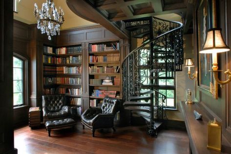 16 Classic Home Library Designs That Are Dream Of Every Book Lover Classic Home Library Design, Dark Wood Bookcase, Classic Office Interior, Traditional Home Office, Spiral Staircases, Hardwood Floors Dark, Modern Kids Room, Library Furniture, Design Your Own Home