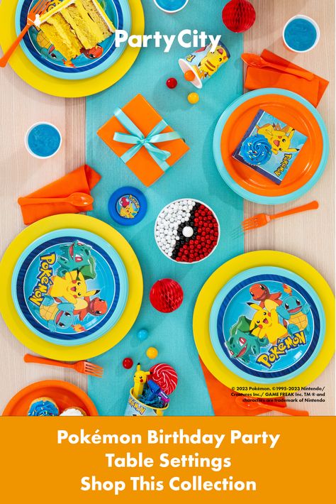 Planning a Pokémon birthday party? Take your party planning to the next level with an easy DIY Pokémon table setting. Shop this collection for everything you need from plates to serve ware and drinkware. Find more Pokémon table settings at partycity.com. Pokemon Party Plates, Pokemon Birthday Decorations, Pokémon Birthday Party, Pokemon Table, Pokemon Party Supplies, Pikachu Party, Pokemon Themed Party, Pokemon Decor, Pokémon Birthday