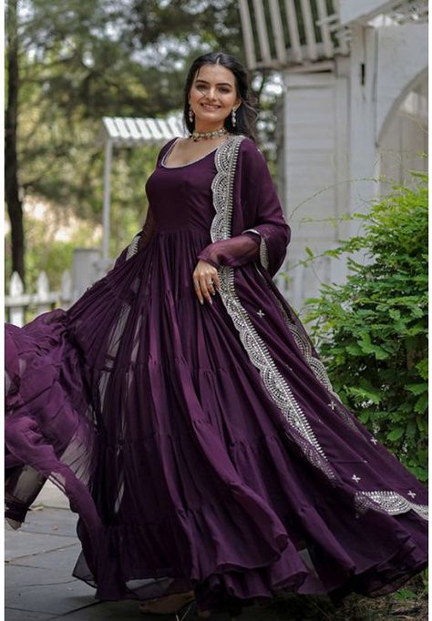 Wine Georgette Gown with Dupatta - URB4801R Wedding Anarkali, Anarkali Suits Bollywood, Wine Colored Dresses, Wine Colour, Georgette Gown, Gown With Dupatta, Elegant Wine, Salwar Dress, Dress Salwar Kameez