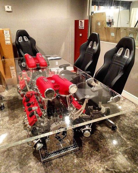 Mechanic Shop Decor, Car Parts Decor, Garage Furniture, Racing Chair, Car Part Furniture, Mechanic Shop, Automotive Furniture, Car Furniture, Automotive Decor