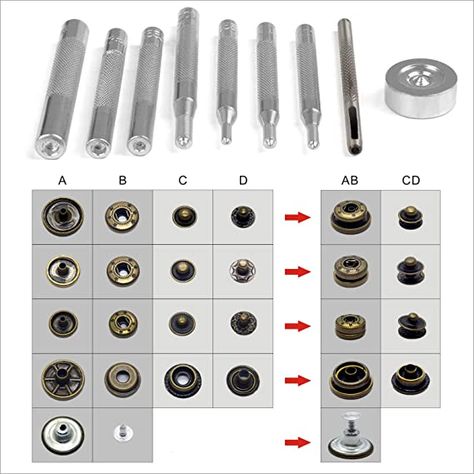 Baogaier 50 sets Snap Button Fasteners Kit,Tack Buttons,Jeans Buttons,Press Stud Fastener Kit 10/12/15/17mm Metal Replacement with 9 Pcs Fixing Tools (12.5 mm) for Leather Craft Repair Coat Jacket Bag: Amazon.co.uk: Kitchen & Home Leather Grommet Diy, Zipper Button Snap Board Diy, Leather Punch Tools, Sewing Kit Essentials, Leather Craft Tools Kit, Handmade Leather Work, Leather Working Tools, Leather Kits, Sewing Easy Diy