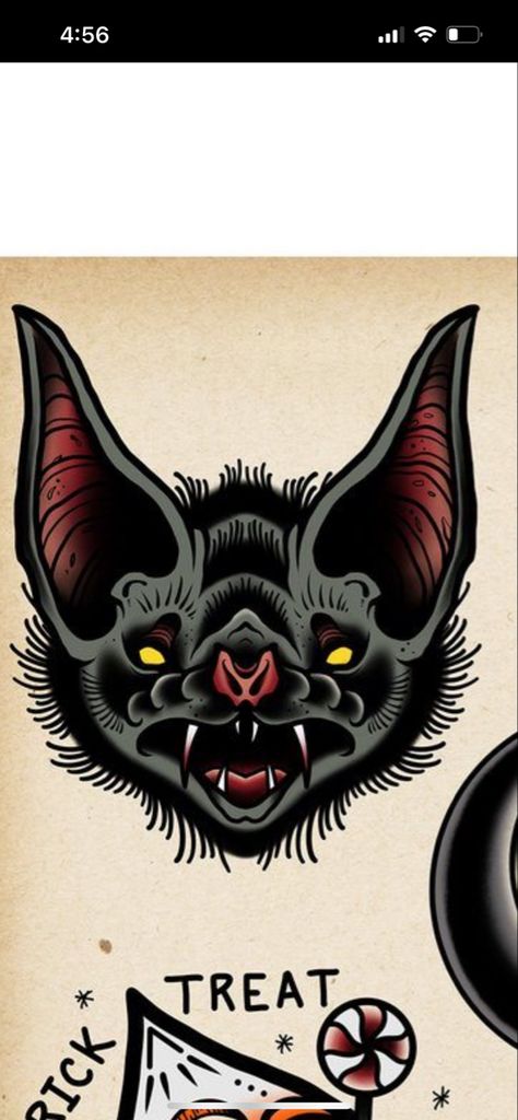 Bat Head Tattoo Design, Bat On Knee Tattoo, Bat American Traditional, Traditional Bat Tattoo Flash, American Trad Bat Tattoo, Scary American Traditional Tattoo, Spooky Cover Up Tattoos, Bat Knee Tattoo Traditional, Traditional Bat Face Tattoo