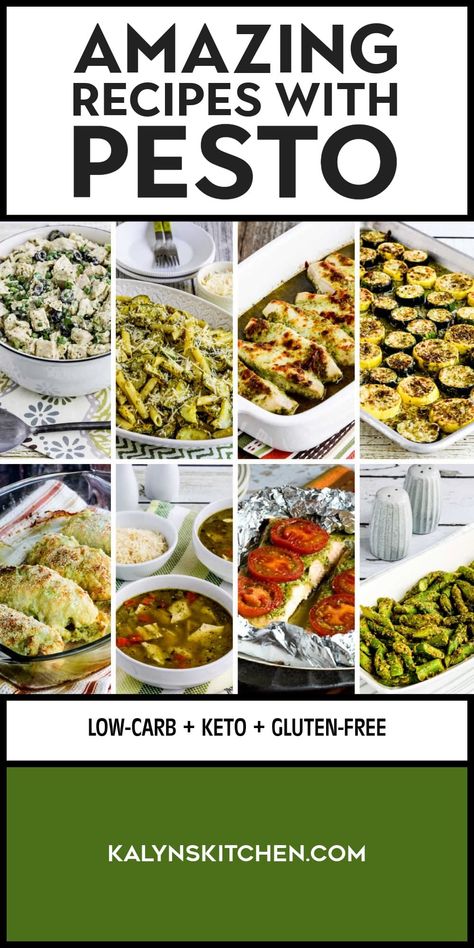 "Pinterest Image of Amazing Recipes with Pesto showing eight different pesto recipes in various serving dishes with different backgrounds." Pesto Pasta With Jarred Pesto, Recipes With Basil Pesto Sauce, Dinner Ideas Pesto, Pesto Beef Recipes, Recipes That Use Basil Pesto, Recipes That Use Pesto Sauce, Dishes Using Pesto, Jar Pesto Pasta Recipes, Chicken Pesto Pasta Recipes Healthy