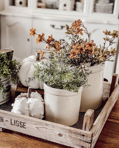 Antique Table Centerpieces, Fall Decor With Vintage Items, Vintage Farmhouse Fall Decor, Earthy Fall Decor, Crock Decor, Fall Stems, Vintage Fall Decor, Fall Floral Decor, Fall Vignettes