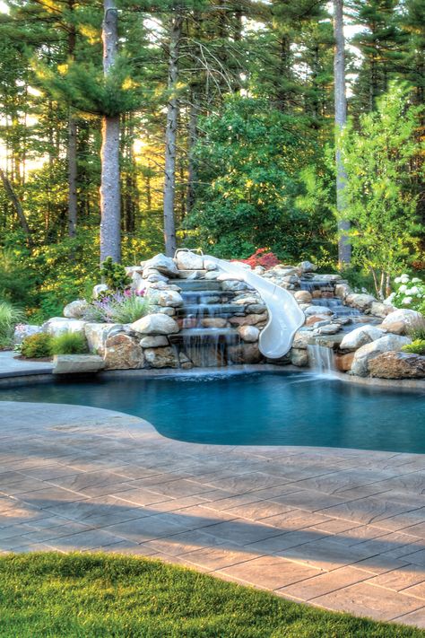 Slope Backyard Pool Ideas, Cascading Pool Waterfall, Small Pool On Sloped Yard, Backyard Pool Slide, Man Made Beach Backyard, Lagoon Pool Backyard Oasis, Rock Pools Backyard, Underground Pool Ideas Backyards, Backyard Pool With Slide