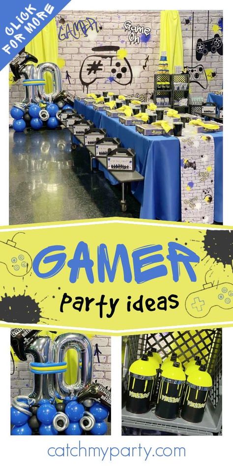 Gaming Birthday Party Decorations, Gaming Birthday Party Food Ideas, Game Birthday Party, Gaming Party Decorations, Main Event Birthday Party, Ps5 Party Ideas, Game On Theme, Gamers Birthday Party Ideas, Level Up Birthday Party Ideas