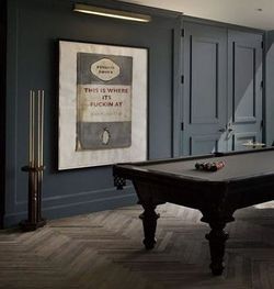 The wood grain and parquet of the floor really stands out against the slate color of the walls. Snooker Room, Basement Games, Pool Table Room, Design Games, Pool Rooms, Herringbone Floor, Man Room, Penguin Classics, Patio Interior