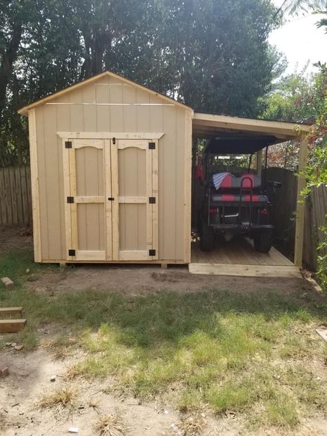 Meetz Buildings Backyard Shed Man Cave, Patio Yard Ideas, Shed House Ideas, Golf Cart Storage, Easy Shed, Diy Storage Shed Plans, Big Sheds, Shed With Porch, Backyard Garage