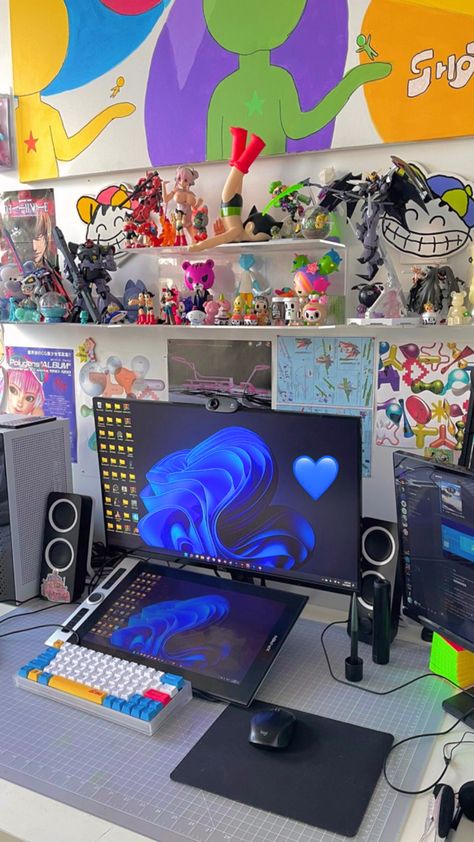 #colorfulroom #decor #3Dmodeling #painting #plushy #pcsetup Plushie Setup, Maximalist Gaming Setup, Crt Setup, Room Plushies, Aesthetic Gaming Setup, Maximalist Room, Colorful Room, Den Ideas, Diy Room Decor For Teens