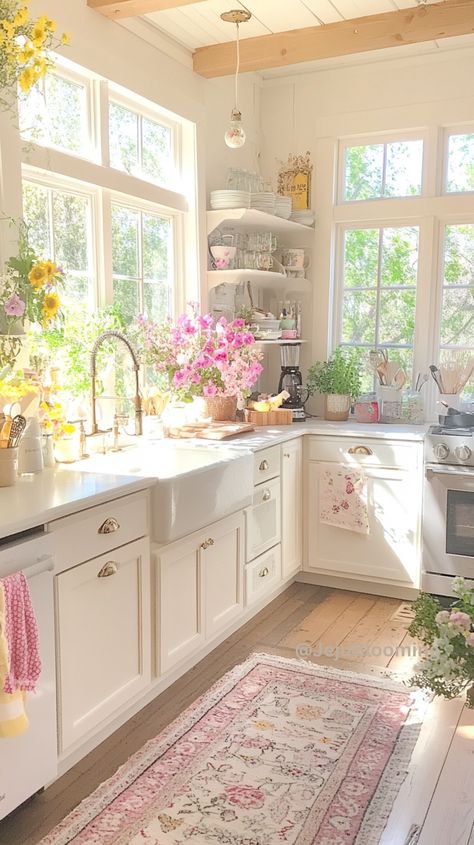 Old Money Cottage Core Aesthetic, Cute Houses Inside, Cozy Colorful Cottage Interiors, Simplistic Home Design, Small Southern Kitchen, Dream House Furniture, Kitchen Cute Aesthetic, Cute Cottage Aesthetic, Pretty Home Interior