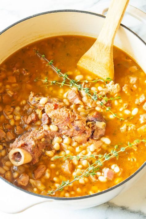 Ham Bone Bean Soup, Ham Bone Soup Recipes, Ham Bone Soup, Ham And Bean, Navy Bean Soup, Bone Soup, Bean Soup Recipe, A Spicy Perspective, Beef Barley Soup