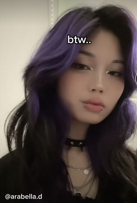 Purple Bangs With Black Hair, Asian Hair Purple, Purple Hair Aesthetic Grunge, Asian Purple Hair, Asian Hair Dyed, Highlight Types, Lavender Hair Highlights, Purple Bangs, 2022 Hair Color