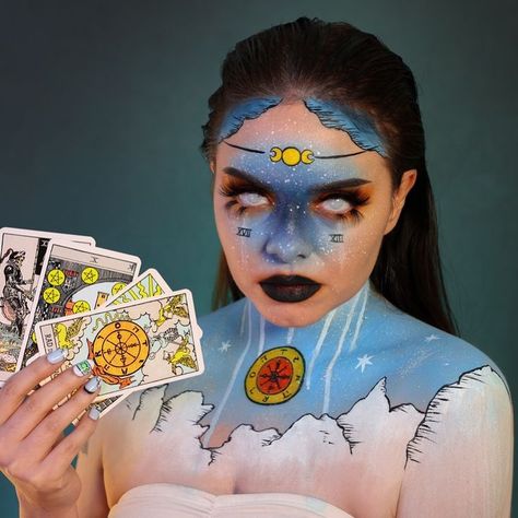 Tarot Cards inspired Halloween Makeup look Halloween Makeup Look, Card Costume, Creepy Halloween Makeup, Stunning Makeup, Halloween Costume Outfits, Horror Movie Characters, Makeup Transformation, Halloween Makeup Looks, One Year Ago