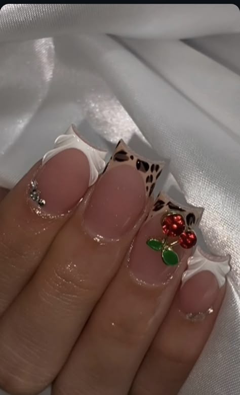 Short Nail Designs Cherry, Cheetah And Cherry Nails, Almond Nails Charms, Cheetah Nails With Red, Leopard And Red Nails, Short Cheetah Print Nails, Shorties Acrylic Nails, Cherry Nails Designs, Nail Inspo Aesthetic