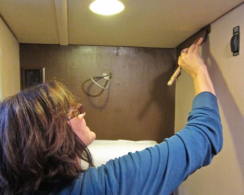 If you’re thinking about painting your vinyl-covered RV walls, but are concerned about getting paint to adhere to them – you’re not alone. Both vinyl and wood veneer walls are trickier to paint than standard wallboard, due to their slippery nature. They’re great for easy cleaning, but not so good for long-term paint adhesion. In this article we’ll share [...] Paint Rv, Rv Solar Power, Rv Makeover, Diy Rv, Rv Renovations, Camper Makeover, Camper Living, Camper Renovation, Rv Decor