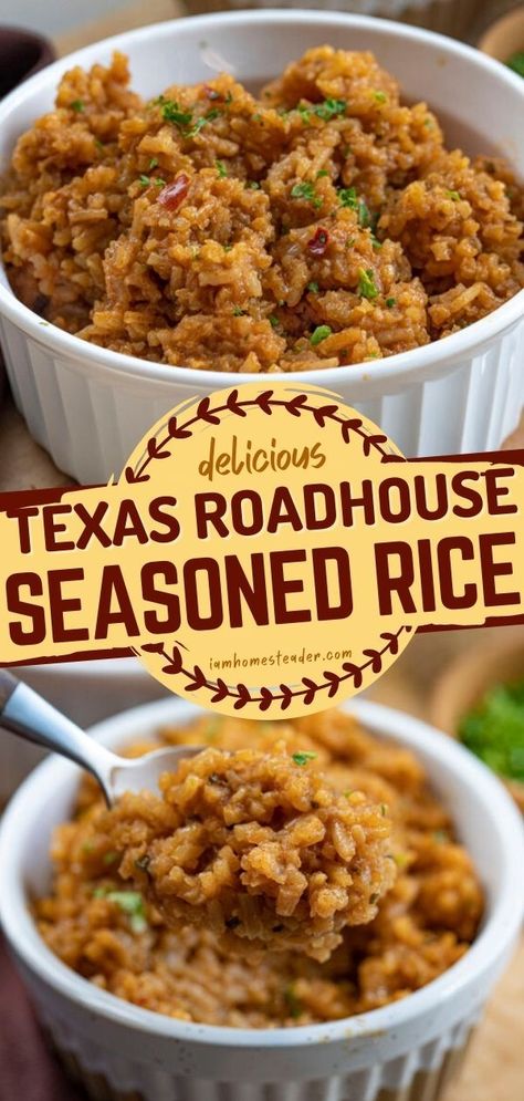 Texas Roadhouse Seasoned Rice is a delicious recipe for dinner with lots of flavors! This quick and easy dinner recipe is a delicious side dish to any meal. Save this pin for later! Texas Roadhouse Rice Recipe, Texas Roadhouse Rice, Roadhouse Rice, Texas Roadhouse Seasoned Rice, Texas Roadhouse Recipes, Tasty Rice Recipes, Ramen Recipes Easy, Rice Pilaf Recipe, Seasoned Rice Recipes