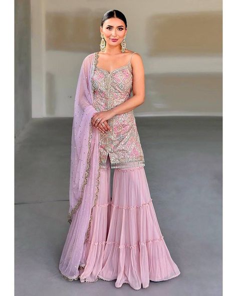 Shivanya Palazzo Styles, Pink Sharara Suit, Pink Sharara, Sequence Embroidery, Palazzo Suit, Georgette Tops, Sharara Suit, Pakistani Salwar Kameez, Party Kleidung