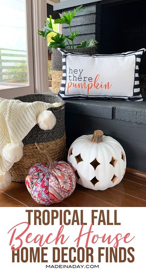 Decorate your coastal fireplace with Tropical Fall Beach House Fireplace Decor. Fall decor for those not so chilly fall seasons by the sea! Fun SoCal Fall ideas. #ad #sponsored #tropical #beachhouse #surfshack #fall #falldecor #heytherepumpkin #decorfinds #pumpkins #bohovibes Fall Fireplace Ideas, Beach House Fireplace, Autumn Living Room Decor, Coastal Fireplace, Diy Halloween Food, House Fireplace, Fall Leaf Decor, Autumn Living Room, Coastal Fall