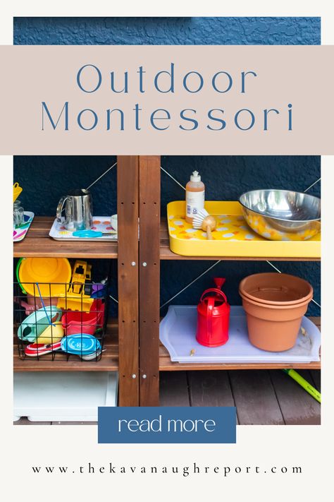 You might be surprised to learn that the Montessori approach was never meant to be limited to indoor playrooms. Explore the benefits of taking Montessori learning outside and how to create an outdoor work space. We break down the must-have categories for the perfect outdoor learning experience: Art Exploration, Natural Exploration, Practical Life, and Open Ended Play. Montessori Open And Close, Montessori Outdoor Classroom, Montessori Garden Activities, Outdoor Peaceful Space, Montessori Care Of Environment, Lakeshore Learning Must Haves, Montessori Outside, Outdoor Art Station, Toddler Practical Life Montessori