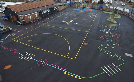 Blacktop Playground Ideas, School Playground Ideas, Playground Markings, Playground Painting, Sensory Pathways, Playground Activities, Babysitting Activities, Fitness Trail, Physical Education Lessons