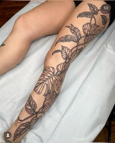 Plant Tattoo Leg Sleeve, Plant Shin Tattoo, Vine Tattoo Leg Sleeve, Vines On Leg Tattoo, Monstera Leg Tattoo, Vining Plant Tattoo, Plant Leg Sleeve, Vine Leg Sleeve, Botanical Leg Sleeve