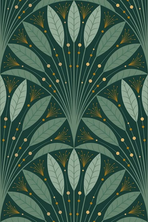 Wallpaper | Eco-Friendly Art Deco Leaf Fan Wallpaper | Bobbi Beck Art Deco Art Print, Art Deco Bathroom Wallpaper, Art Neauveau Wallpaper, Art Deco Wallpaper Bathroom, Art Deco Designs, Traditional Motifs Design, Beck Wallpaper, Art Deco Wall Paper, Green Art Deco Wallpaper