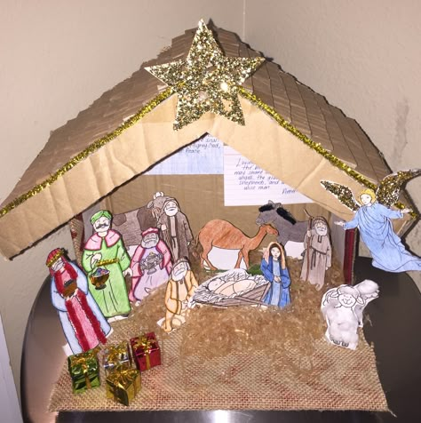 Paper craft Nativity diorama Nativity Diaroma Kids, Nativity Diorama For Kids, Shoe Box Nativity Scene, Shoebox Nativity Scene, Cardboard Nativity Scene Diy, Nativity Diorama, Printable Nativity Scene, Nativity Crafts For Kids, Christmas Board Decoration