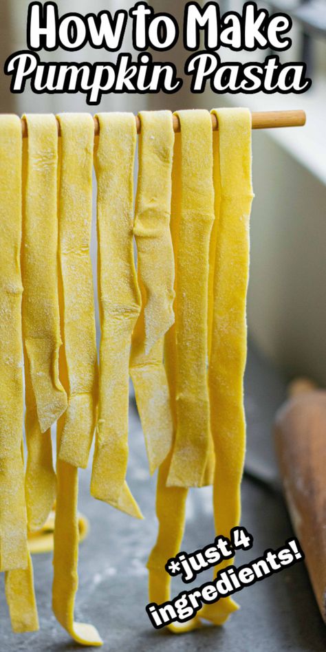 With just 4 ingredients, this Homemade Pumpkin Pasta is so easy to make! Flour, pumpkin purée, salt and olive oil come together to create this delicious recipe. It is the perfect noodle base for all types of sauces or delicious on it’s own with butter and a little cheese. Pumpkin Flour, Pumpkin Pasta Recipe, Noodle Recipes Homemade, Make Flour, Puree Recipes, Fresh Pasta Recipes, Kitchenaid Pasta, Pumpkin Puree Recipes, Types Of Sauces