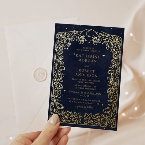 Celestial Midnight Blue Stars Moon Wedding Foil Invitation Midnight Blue And Gold, Popular Wedding Invitations, Gold Foil Invitation, Cherry Blossom Wedding, Moon Wedding, Blue Cherry, Wedding Anniversary Invitations, Foil Wedding Invitations, Stars Moon