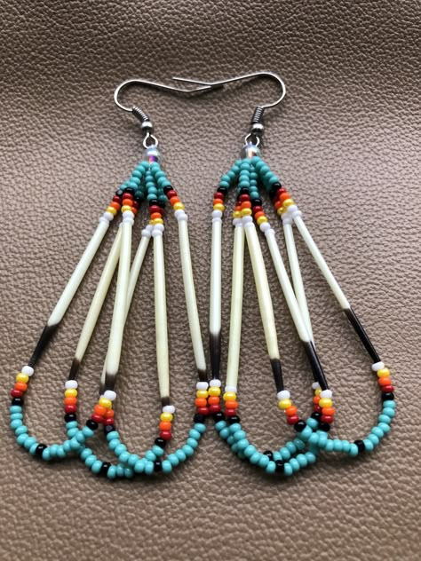 OjibewaBeadwork on Etsy  Native American made beaded earrings made with porcupine quills Porcupine Quill Jewelry, Native American Beadwork Earrings, Native American Beadwork Patterns, Seed Bead Jewelry Patterns, Native Beading Patterns, Porcupine Quills, Beadwork Designs, Beaded Earrings Tutorials, Beaded Earrings Diy