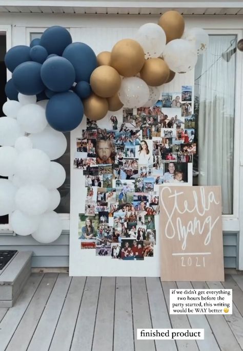 Minimal Graduation Party Decor, Senior Backdrop Ideas, Graduation Party Color Ideas, Graduation Picture Wall Ideas, Graduation Party Ideas Minimalist, Graduation Party Pictures Display, Graduation Photo Wall Ideas, Grad Party Diy Decorations, Games To Play At Graduation Party