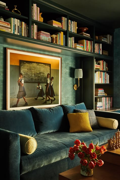 Moody teal library, featuring Portola Paints and Glazes, with blue velvet sofa, surrounded by books. Home Library Design, Home Libraries, Decoration Inspiration, Home Library, Architectural Digest, Decoration Design, Home Fashion, Sitting Room, Bed Design