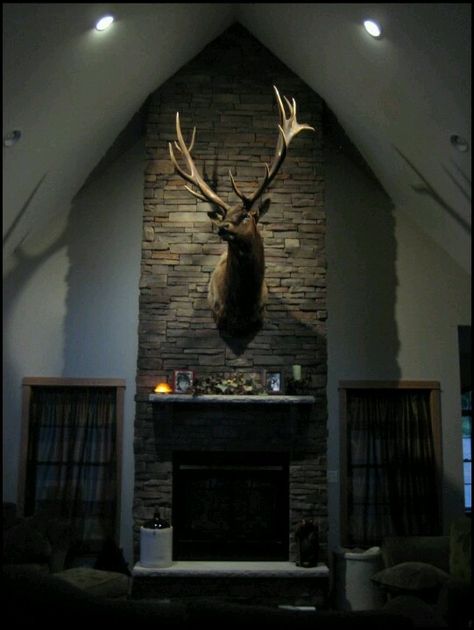 His wall art #choiceisyours /Deers head #Taxidermy Elk Head Mounts Living Rooms, Deer Mounts In Living Room, Taxidermy Decor, House Bedroom Ideas, Cabin Wall Decor, Rustic Living Room Furniture, Deer Mounts, Mounted Fireplace, Hunting Decor