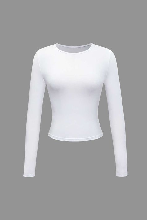 White Long Sleeve Fitted Top, White Fitted Top Outfit, Slim Long Sleeve Shirt, White Long Sleeved Top, Simple White Top, Long Sleeve Basics, Slim Fit Long Sleeve Top, White Fitted Top, Long Sleeve White Top Outfits