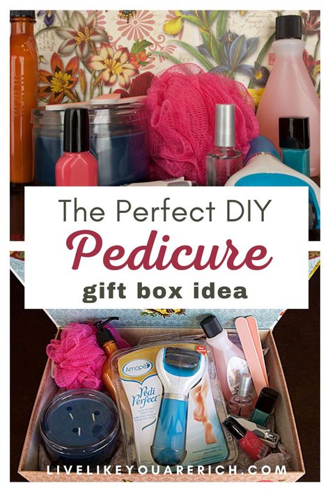 This deluxe pedicure gift box is perfect for women who love to pamper themselves. Create your own pedicure gift box and you’ve got a wonderful gift for your women friends. #giftideas #diypedicuregiftbox Mani Pedi Gift Basket Ideas, Pedicure Gift Basket Ideas, Nail Care Gift Basket Ideas, Manicure Gift Basket Ideas, Nail Gift Basket, Pedicure Gift Basket, Trending Pedicure, Deluxe Pedicure, Unique Nail Ideas