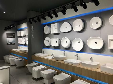 Sanitary Ware Showroom Design, Sanitary Showroom Display, Sanitary Showroom Interiors, Sanitary Showroom, Interior Shop Display, Store Display Design, Shop Counter Design, Hardware Ideas, Showroom Inspiration