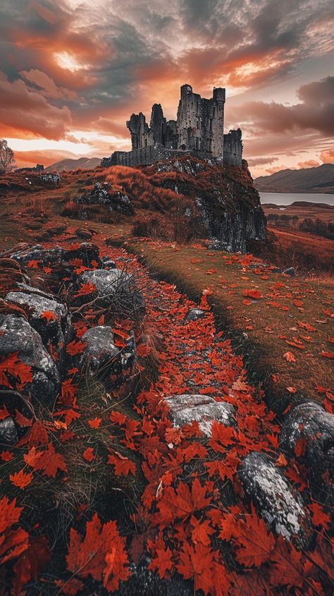 "Majestic Autumn Castle: An #ancient castle stands tall amidst a #vibrant autumn landscape under a #dramatic sunset sky. #medieval #fallcolors #scenery #heritage #aiart #aiphoto #stockcake ⬇️ Download and 📝 Prompt 👉 https://stockcake.com/i/majestic-autumn-castle_447353_233181" Fall Castle Aesthetic, Autumn Castle Aesthetic, Castle In Autumn, Autumn Landscape Aesthetic, Narnia Landscape, Fall Castle, Scottish Autumn, Scotland Scenery, Autumn Castle