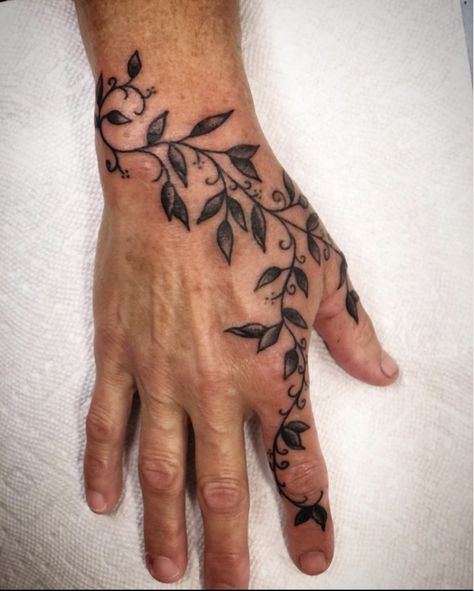 Leave Hand Tattoo, Sleeve To Hand Tattoo, Hand Flower Tattoo Men, Floral Hand Tattoo Men, Arm To Hand Tattoo Men, Ivy Hand Tattoo, Vine Tattoos Hand, Branch Hand Tattoo, Fern Hand Tattoo