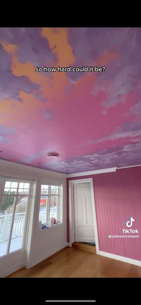 Sunset Sky Ceiling, Sunset Ceiling Mural, Pastel Ceiling, Sunset Ceiling, Maximalist House, Cool Light Fixtures, Pink Ceiling, Cloud Ceiling, Sky Ceiling