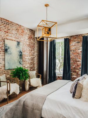 Jackson Square — DENIECE DUSCHEONE Brick Wall Bedroom, Brick Bedroom, Industrial Bedroom Design, Brick Interior, Bedroom Minimalist, Glam Bedroom, Industrial Bedroom, Brick Walls, Master Bedrooms Decor