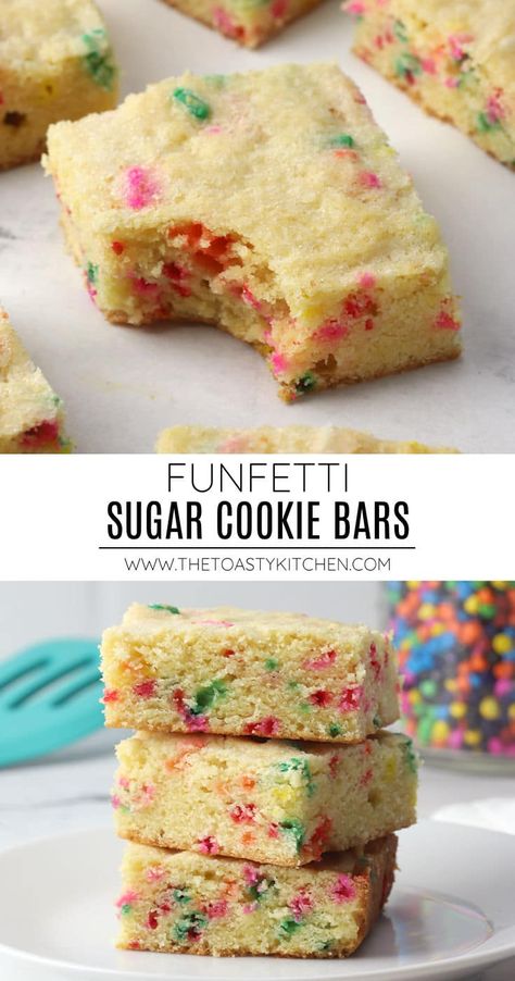 Funfetti sugar cookie bars recipe by The Toasty Kitchen. Funfetti sugar cookie bars are the perfect dessert for your next celebration. They're filled with fun rainbow sprinkles and turn out perfectly tender and soft, just like your favorite soft sugar cookie recipe. #funfetti #sugarcookiebars #sugarcookie #sprinkles #rainbowsprinkles #dessert #recipe Funfetti Sugar Cookie Bars, Sugar Cookie Bars Recipe, Sugar Cookie Bar Recipe, Soft Sugar Cookie, Finger Food Desserts, Finger Desserts, Sugar Cookies With Sprinkles, Soft Sugar Cookie Recipe, Cookie Bars Easy