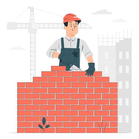 Industry Illustration, Cartoon Building, House Under Construction, Brick Wall Background, Working Drawing, Flat Icons Set, Concept Illustration, Wall Drawing, Construction Drawings