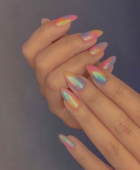 Watercolor Dip Nails, Iridescent Nail Art Designs, Chrome Nails Designs Spring, Gel X Chrome Nails, Pride Nails Subtle, Blue And Chrome Nails, Jelly Chrome Nails, Cute Bday Nails, Mermaid Core Nails